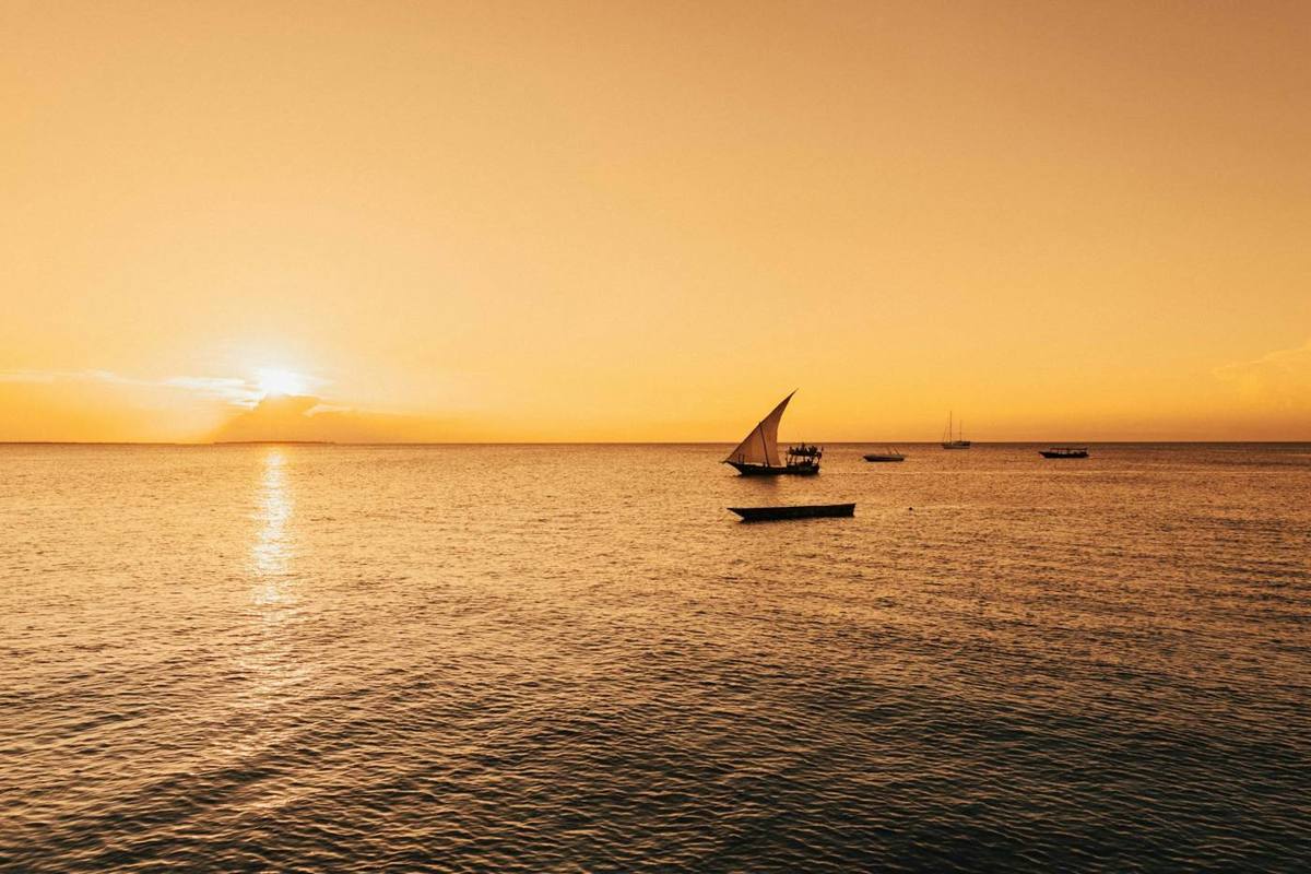A traditional dhow sailing into a golden Zanzibar sunset